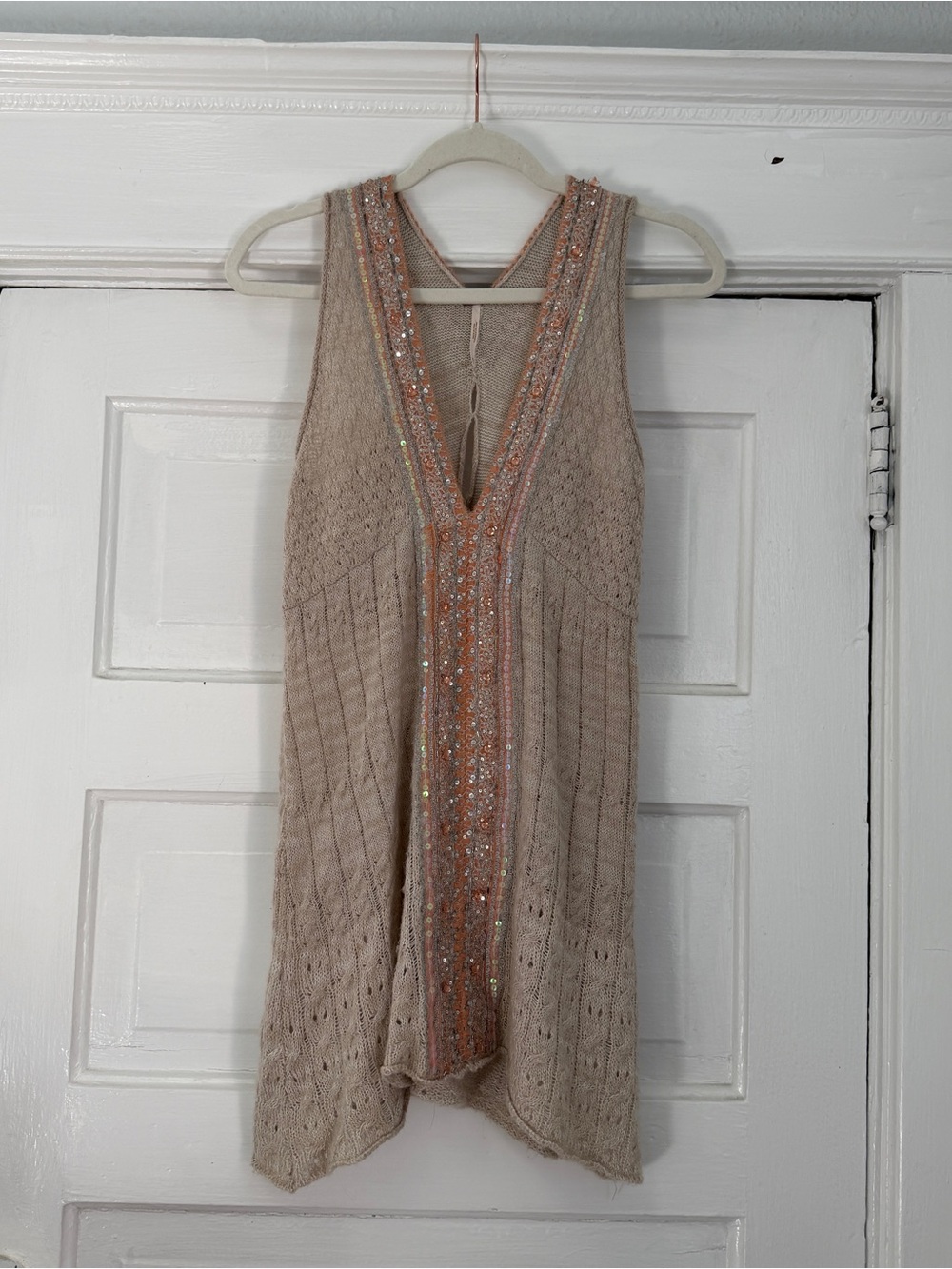 Free People Beaded Knit Mini Dress in Beige with Sequin Trim